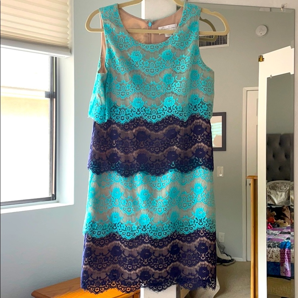 Aqua/Navy Layered Lace Dress Size 4